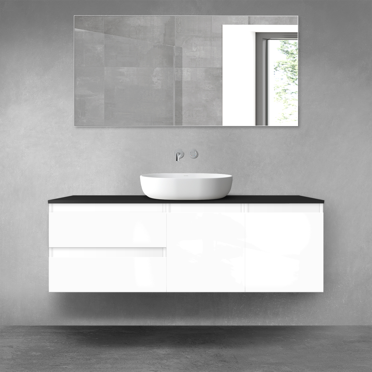 Darmowa Dostawa - Zestaw mebli łazienkowych 140x46.4x48.6 cm podumywalkowa wisząca biała-czarna Oltens Vernal 68275000