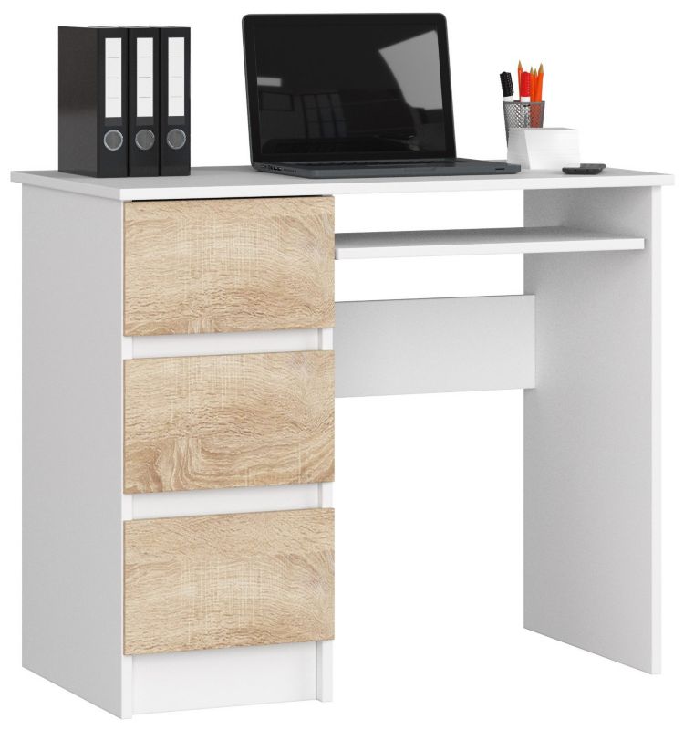 Biurko komputerowe Akord A6 Białe 90 cm lewe 3 szuflady kolor Dąb Sonoma mat 1 półka 90x50x77 cm 1 szt.