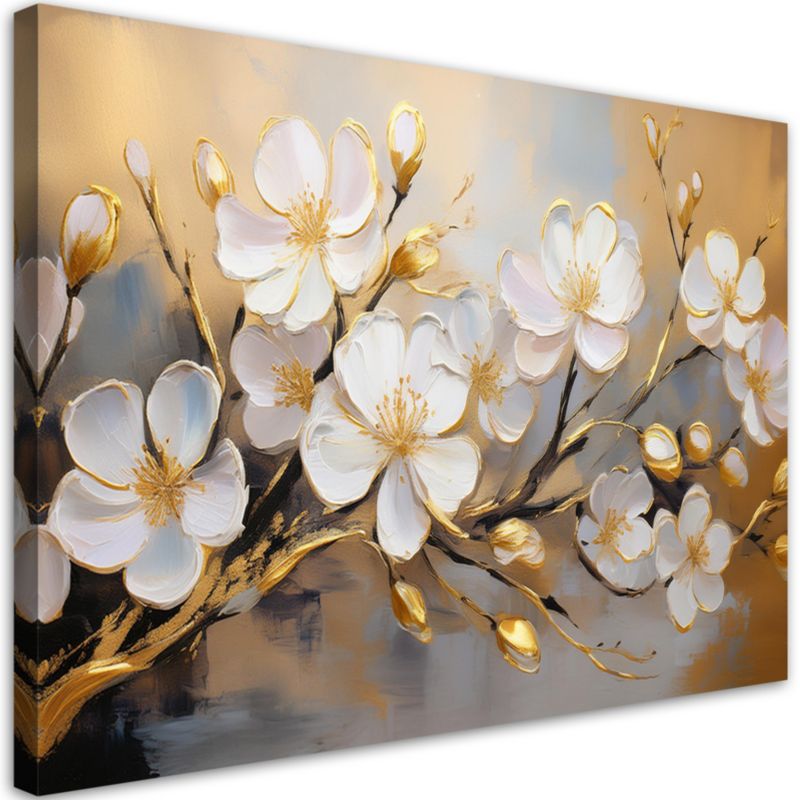 Obraz do salonu sypialni Feeby Białe Kwiaty na gałązce Złoty 60x40 cm 1 szt