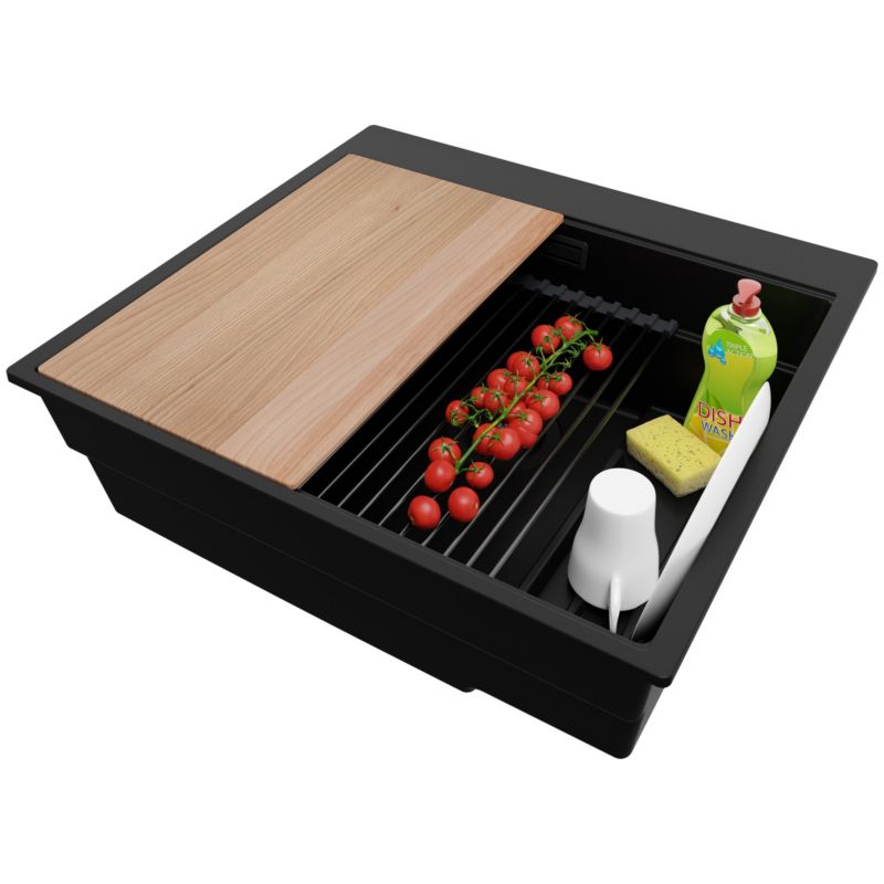 Zlewozmywak Oslo Max PRIMAGRAN Nablatowy 58x53cm do szafki od 60cm, Cały Czarny + Syfon + Akcesoria, S053, 1 szt.