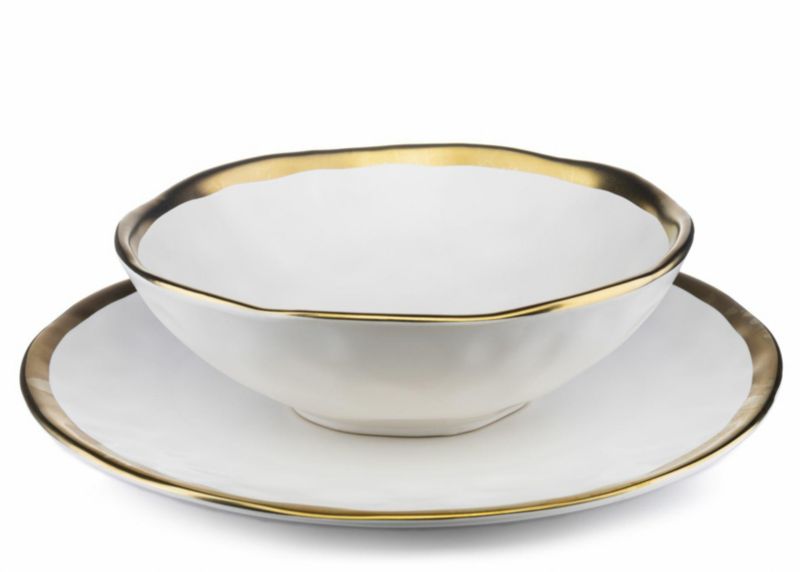 Zestaw dwóch talerzy LISSA WHITE GOLD HowHomely płytki głęboki biało złoty 1 kpl.