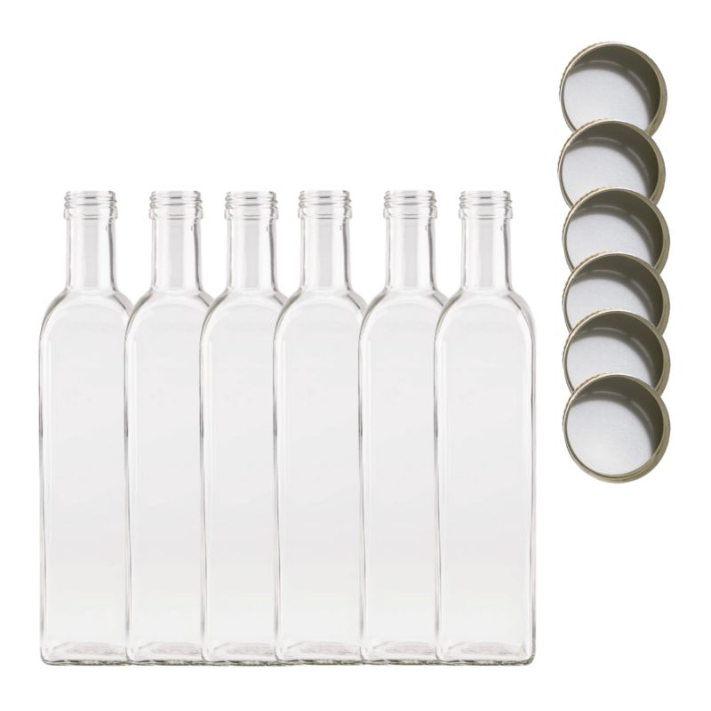 Butelki szklane MODO24 500 ml maraska kwadratowa na soki i oliwę fi 31 z nakrętkami 6 szt.