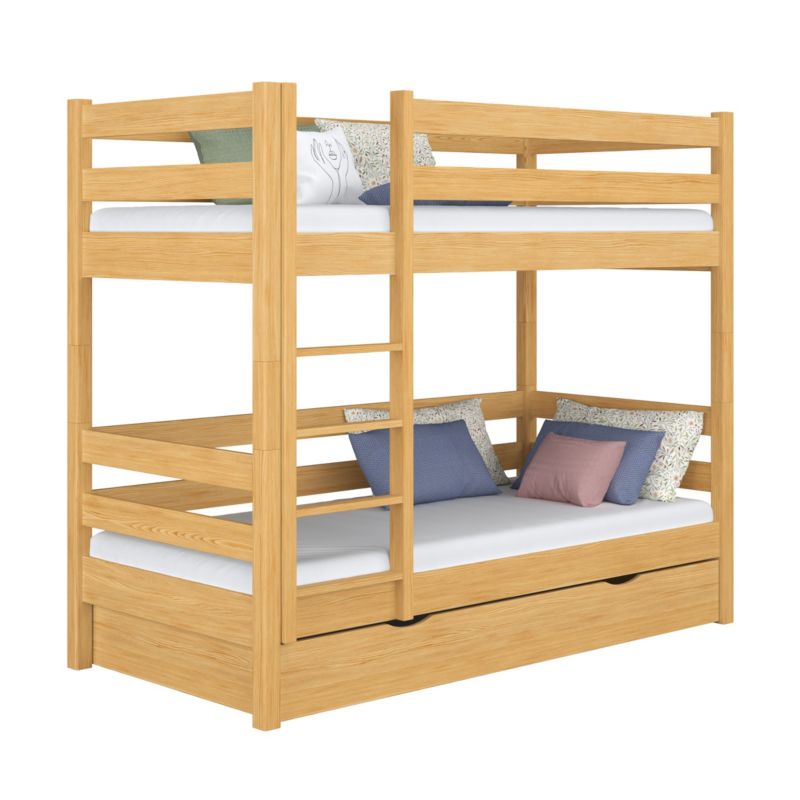 Drewniane łóżko N-WOOD piętrowe z szufladą N01 sosna naturalna 90x200 1szt.