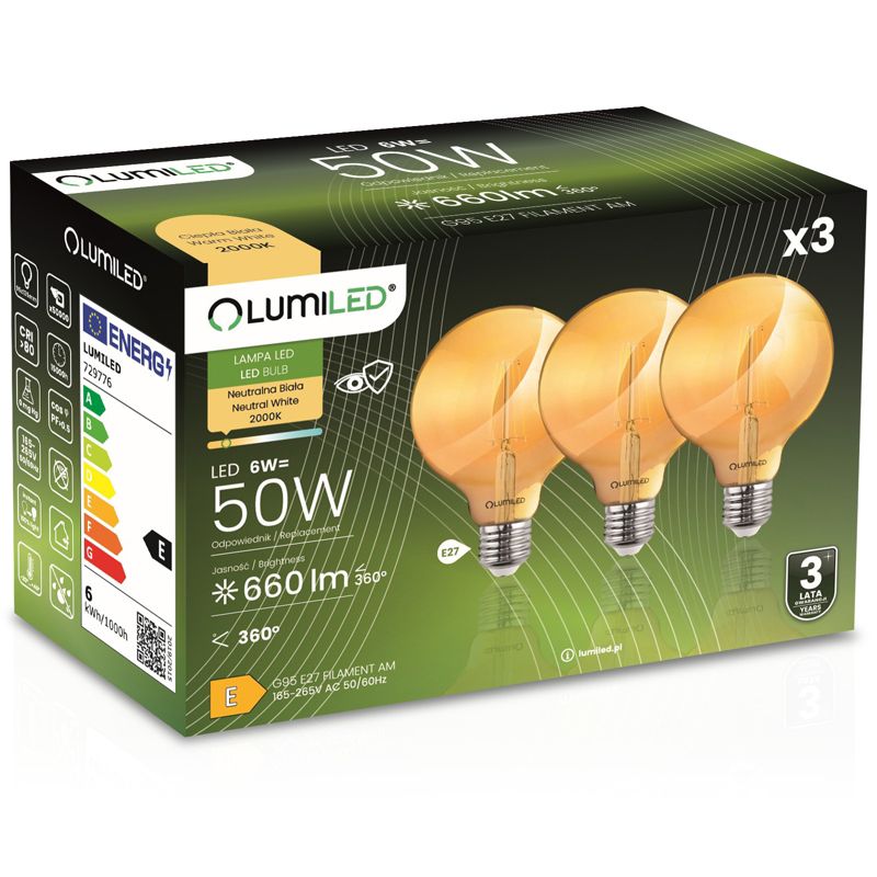 Żarówka LED Lumiled E27 Kula G95 6W 660lm 2000K 360st Bursztynowa Filament 3 szt.