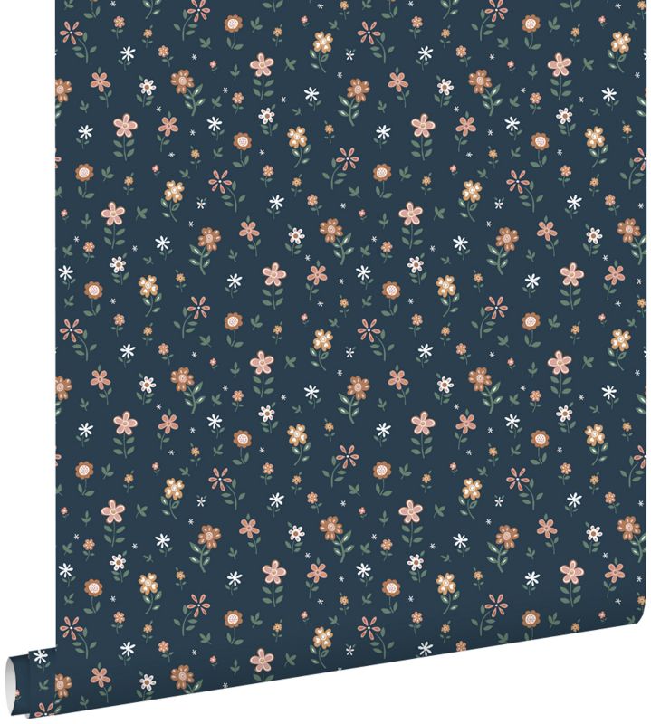 Tapeta ESTAhome kwiaty ciemnoniebieskim,terakota,zielonymIbiałym 53 cm x 10.05 m - 1 rol.