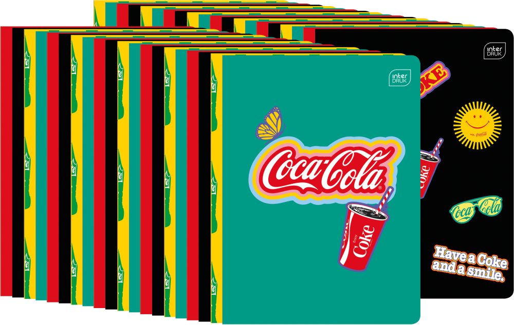 40x Zeszyt A5 Interdruk Coca Cola, w wąskie kolorowe linie, 32 kartki, mix wzorów