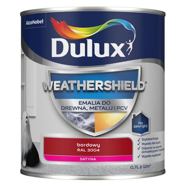 Emalia Weathershield do drewna, PCV i metalu Bordowy RAL 3004 0,7L Dulux