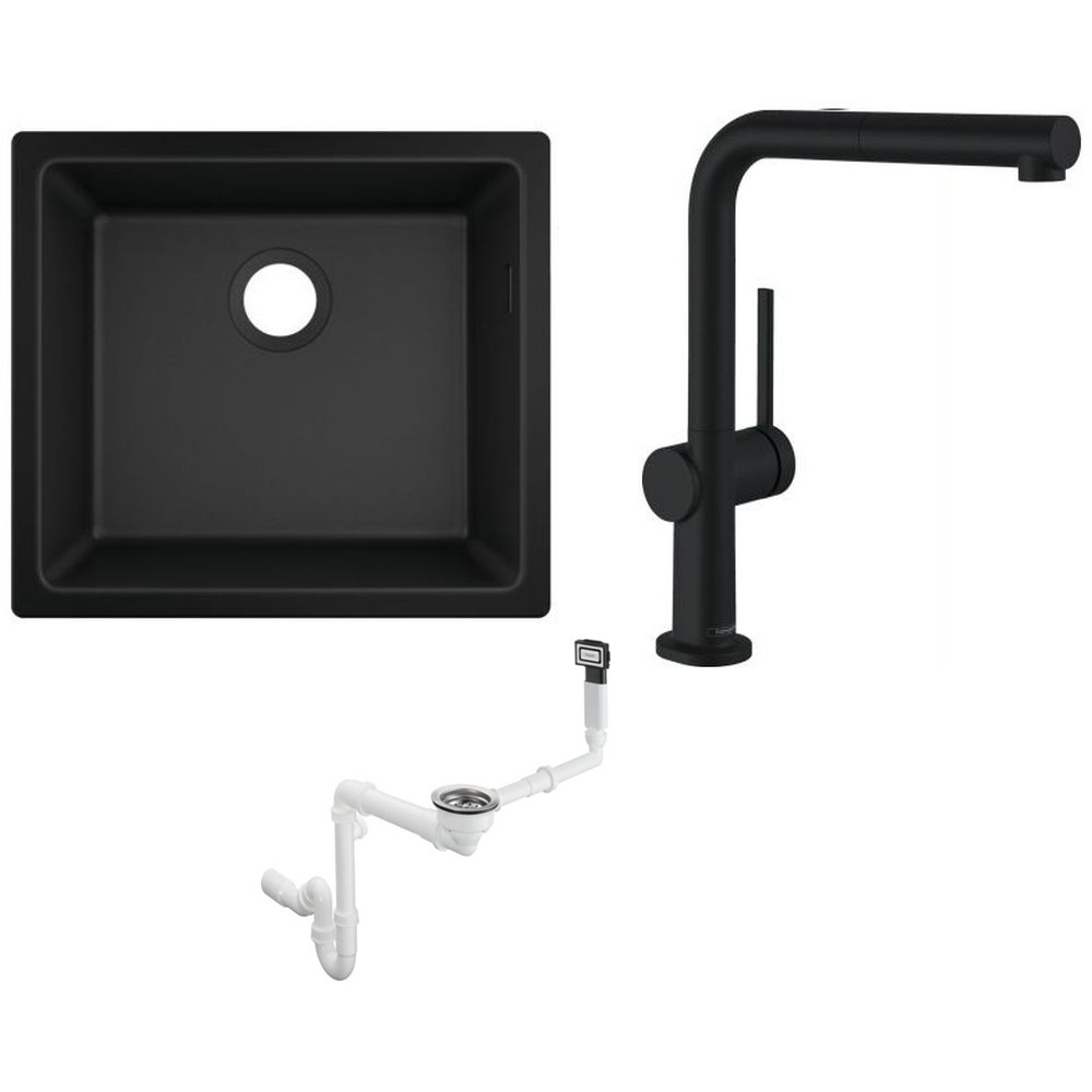 Zestaw Hansgrohe S510-U450 zlewozmywak granitowy czarny z baterią kuchenną Talis i syfon (43431170, 72809670, 43927000)