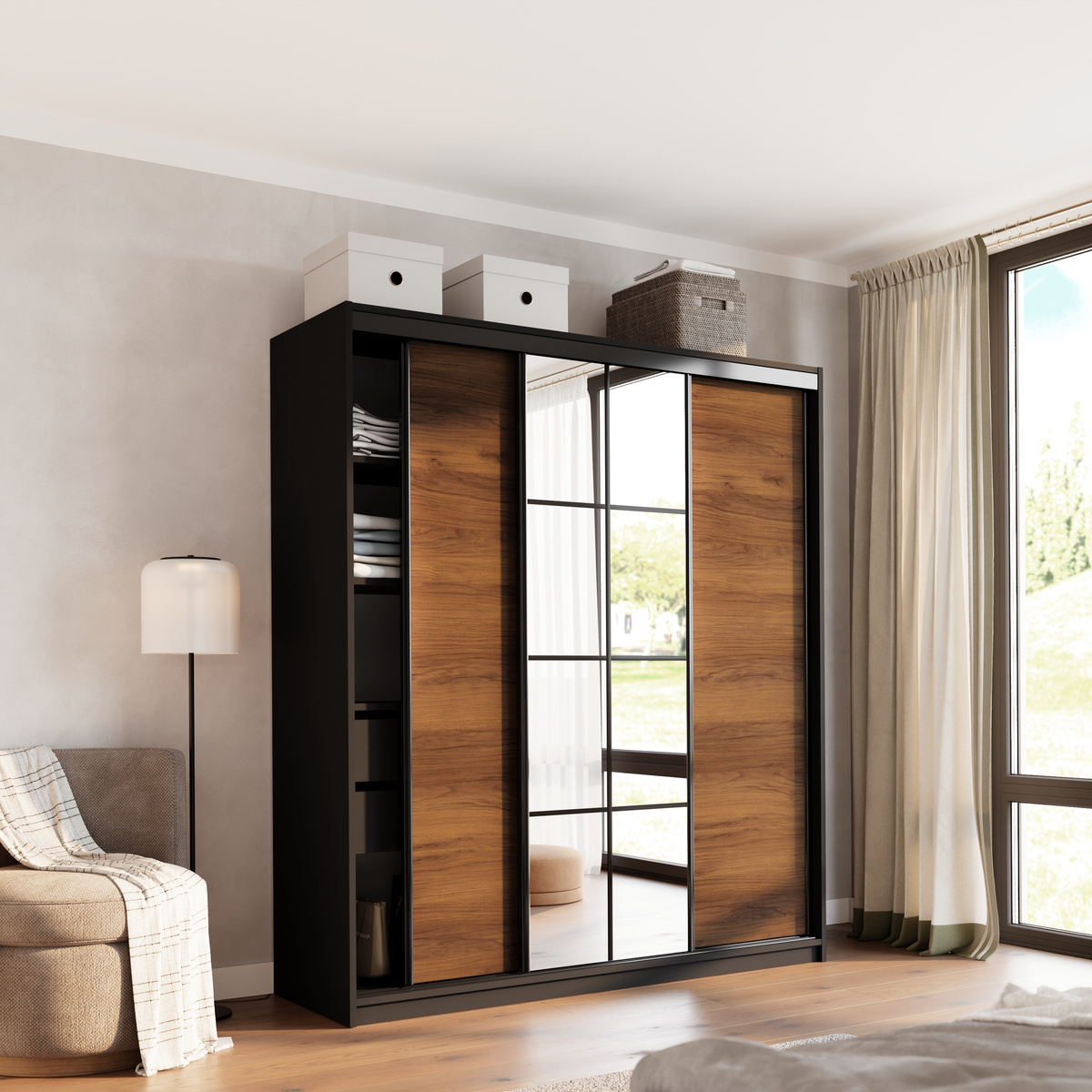 Szafa przesuwna z lustrem 180 cm do sypialni EDGE orzech
