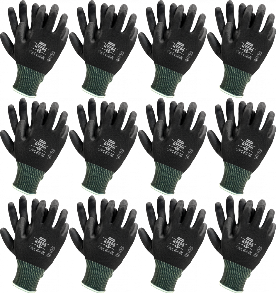 12x Rękawice robocze Reis Rtepo BB, powlekane, rozmiar 7, czarny