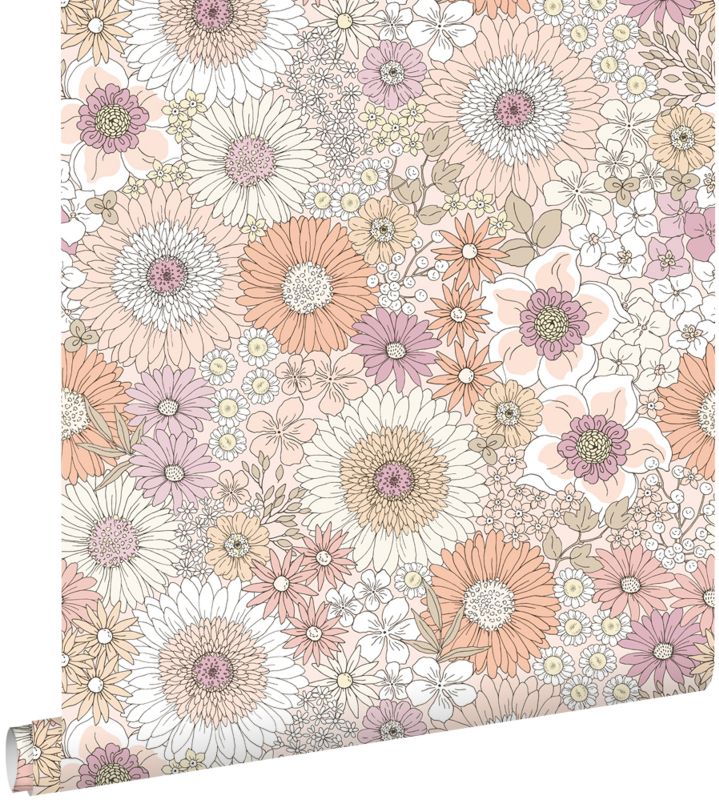 Tapeta ESTAhome retro kwiaty beżowymIróżowym 50 x 900 cm - 1 rol.