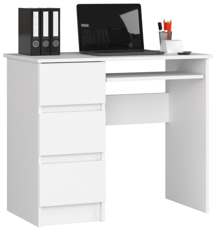 Biurko komputerowe Akord A6 Białe 90 cm lewe 3 szuflady kolor Biały mat 1 półka 90x50x77 cm 1 szt.