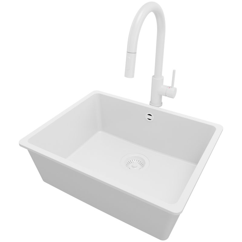 Zlewozmywak podblatowy Wenecja Easy PRIMAGRAN 56x44cm do szafki od 60cm, Cały Biały + Bateria 40x20cm + Syfon, S082, 1 szt.