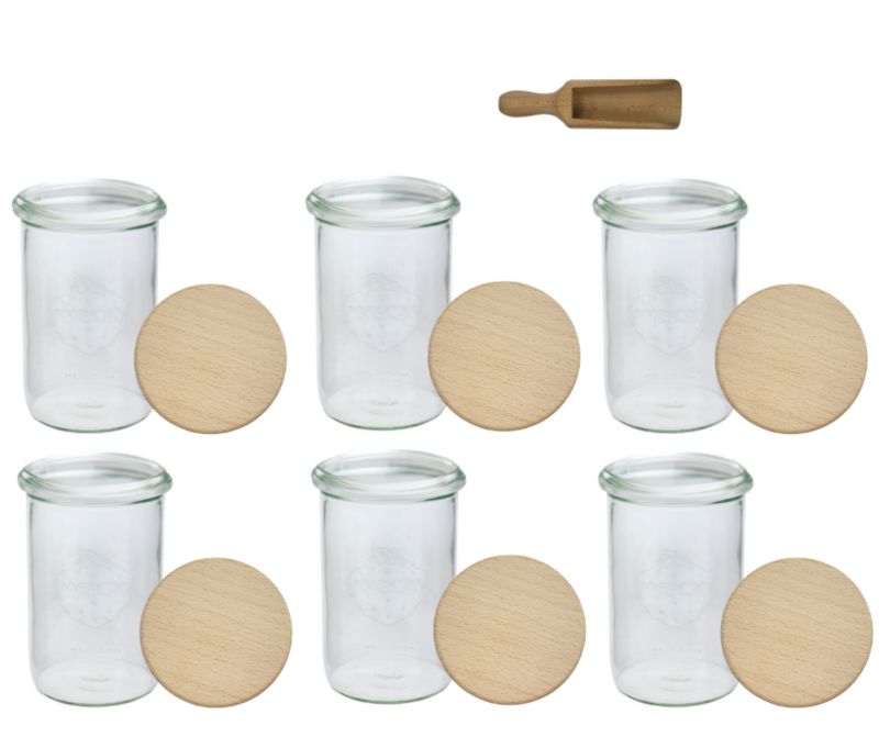 Słoiki MODO24 Weck 1050 ml fi 100 mold drewniane wieka miarka 6 kpl.