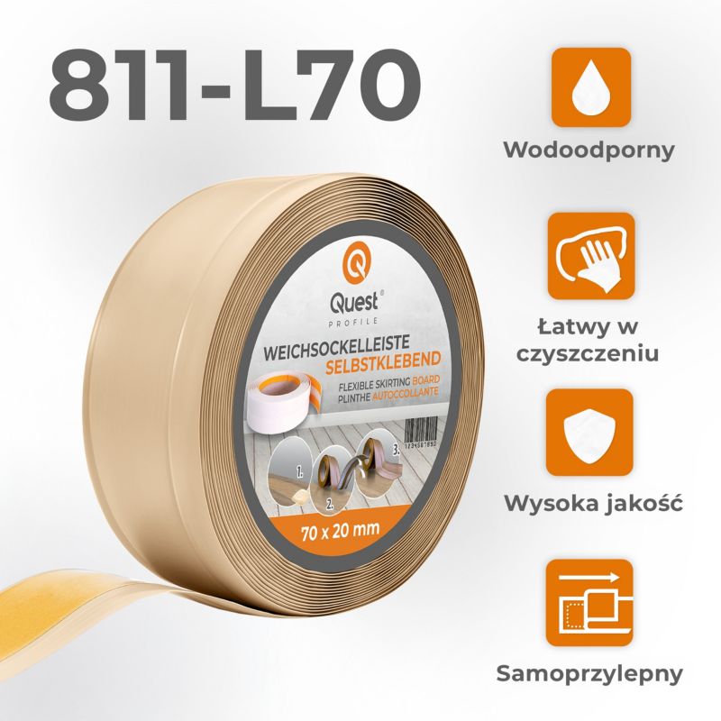 Listwa przypodłogowa PCV 70x20mm, QUEST, samoprzylepna elastyczna, miękka listwa podłogowa, cokołowa, piaskowy, 10m