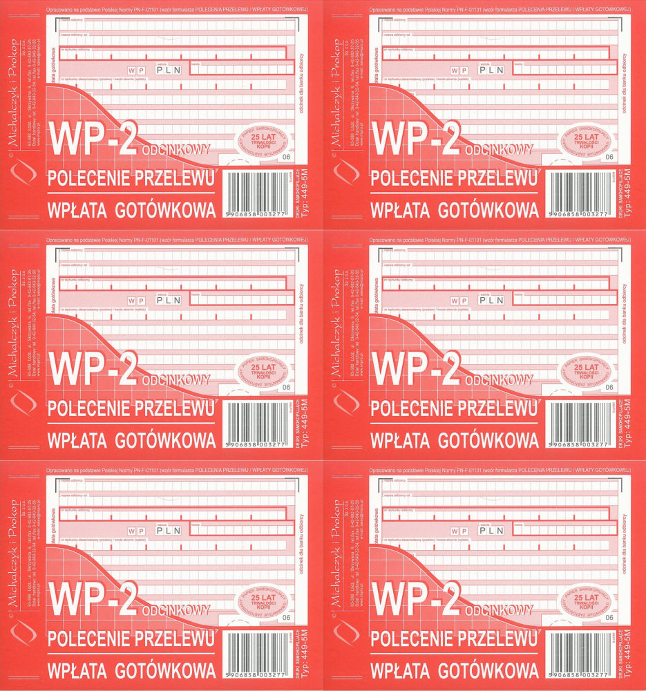 6x Druk akcydensowy Polecenie przelewu/wpłata gotówkowa MiP 449-5M, A6, 1 kopia, 80k