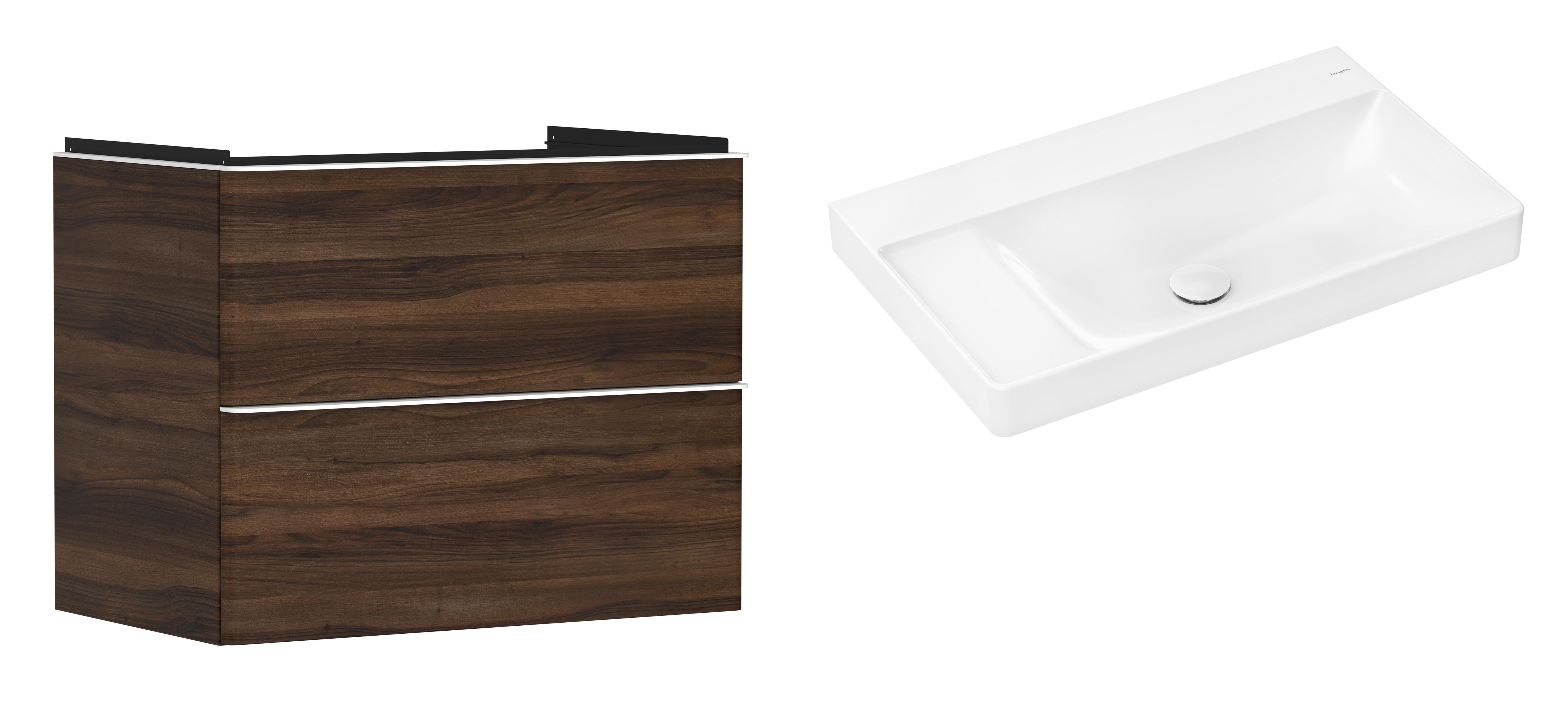 Hansgrohe Xelu Q szafka wisząca z umywalką 80x48 cm ciemny orzech/biały mat/biały (54030700, 61032450)