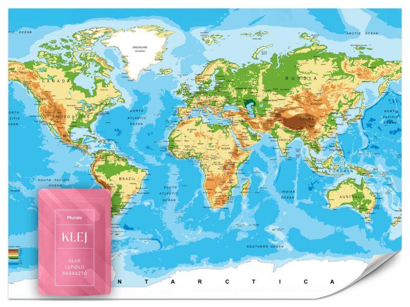 Fototapeta Muralo Fizyczna Mapa Świata Do Pokoju Dziecka 350x256 cm 1szt.