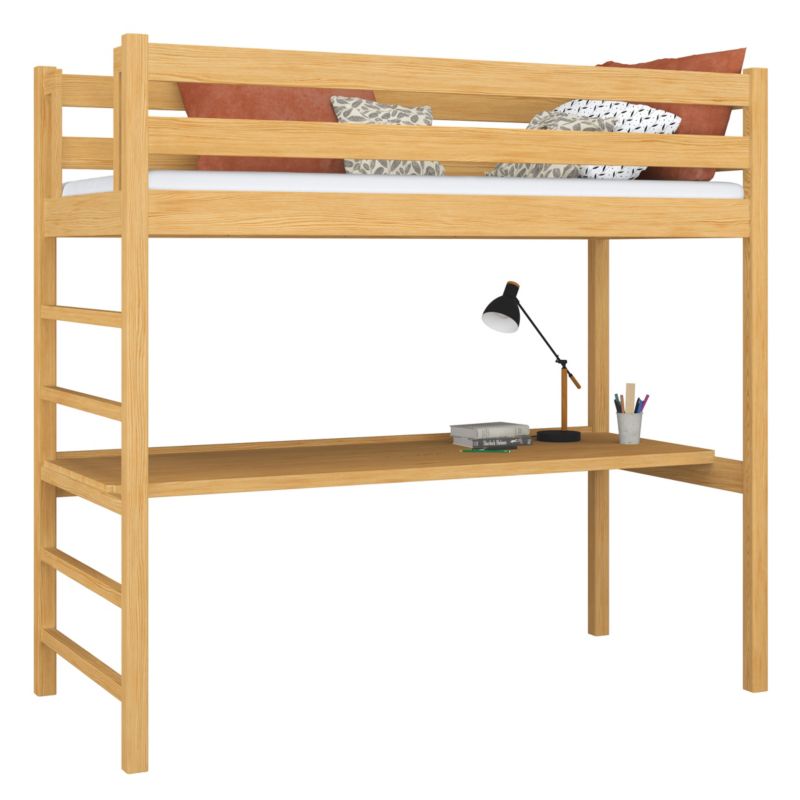 Drewniane łóżko N-WOOD na antresoli z biurkiem N01 sosna naturalna 90x200 1szt.