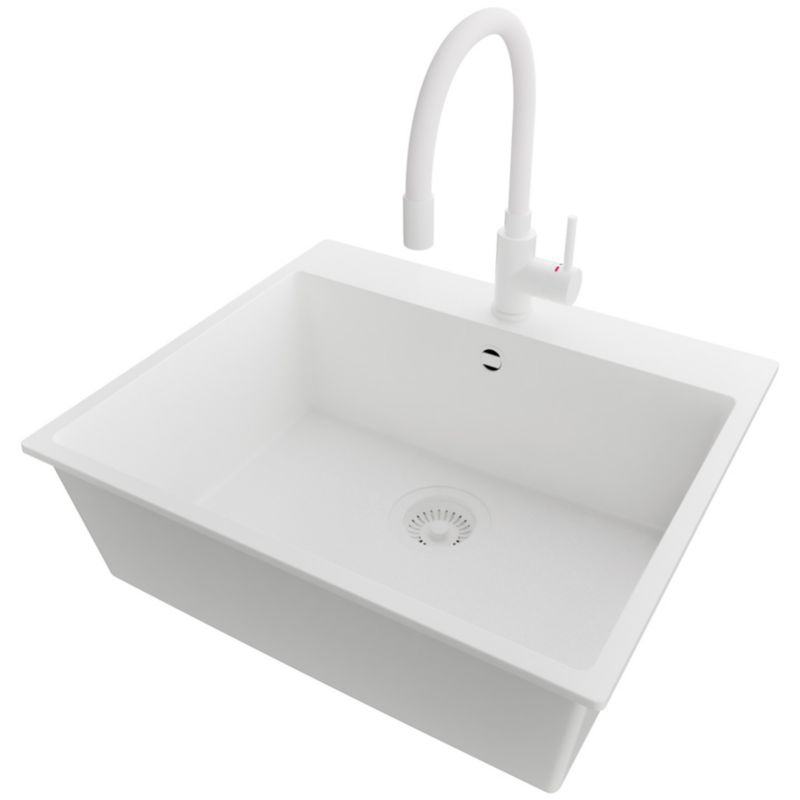 Zlewozmywak Granitowy Ryga PRIMAGRAN Nablatowy 58x50cm do szafki od 60cm, Cały Biały + Bateria 38x14cm + Syfon, S334, 1 szt.