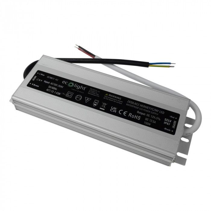 Zasilacz transformator do LED Ecolight moc 150W output 12V DC stałoprądowy IP67 - 1 szt