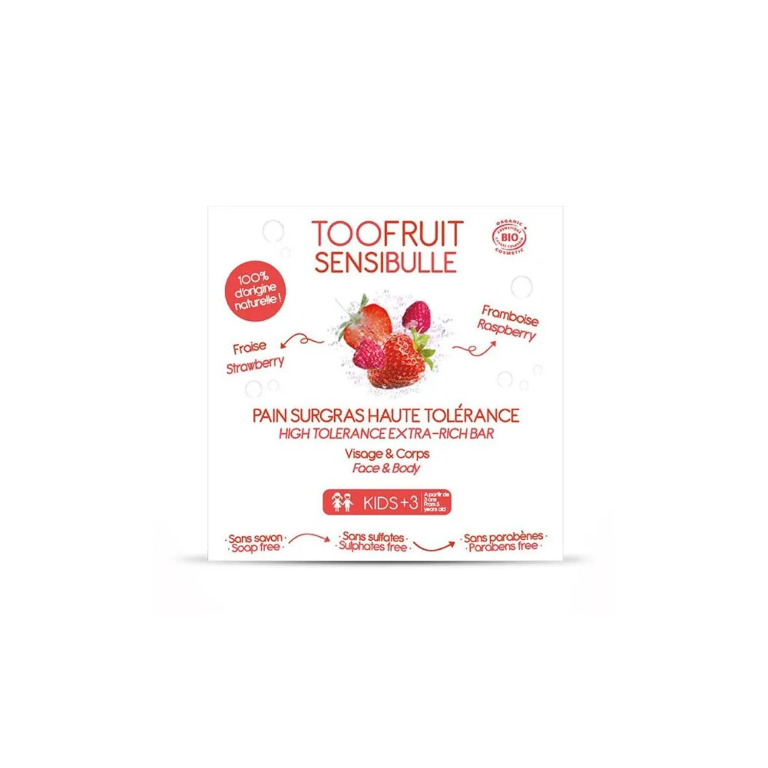 Toofruit - kostka dermatologiczna, truskawka i malina, 85 g (data ważności: 30.06.2026)