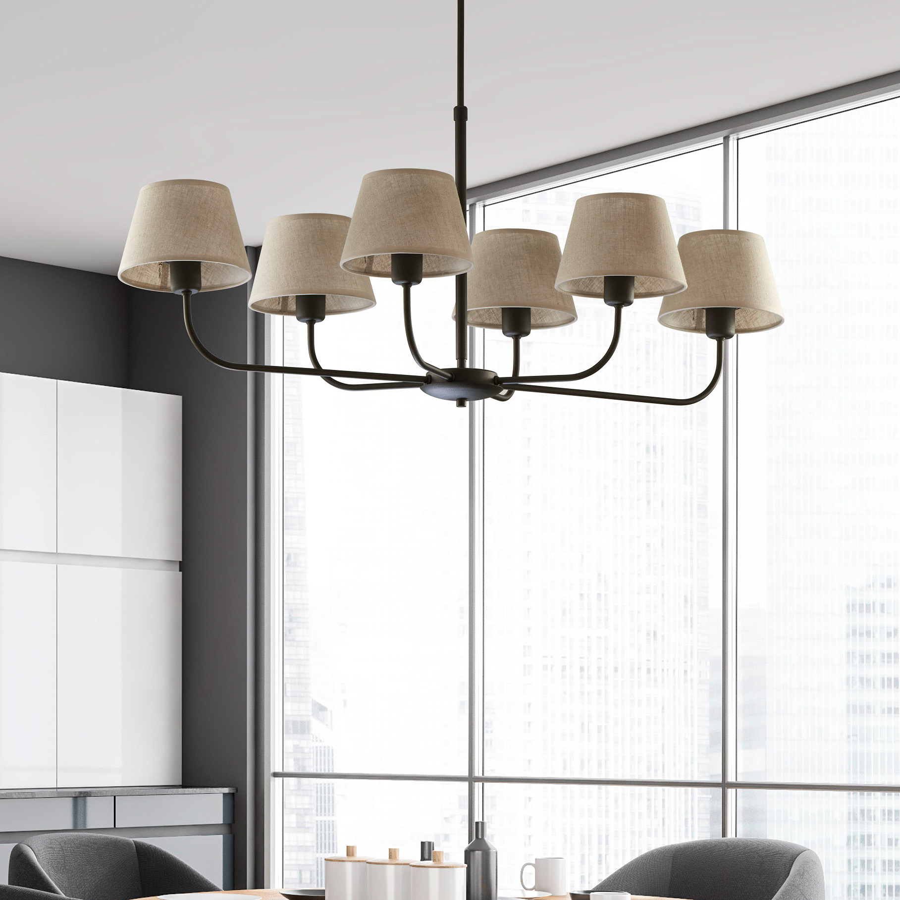 TK Lighting Chicago lampa wisząca 6x15W czarny/len naturalny 3999