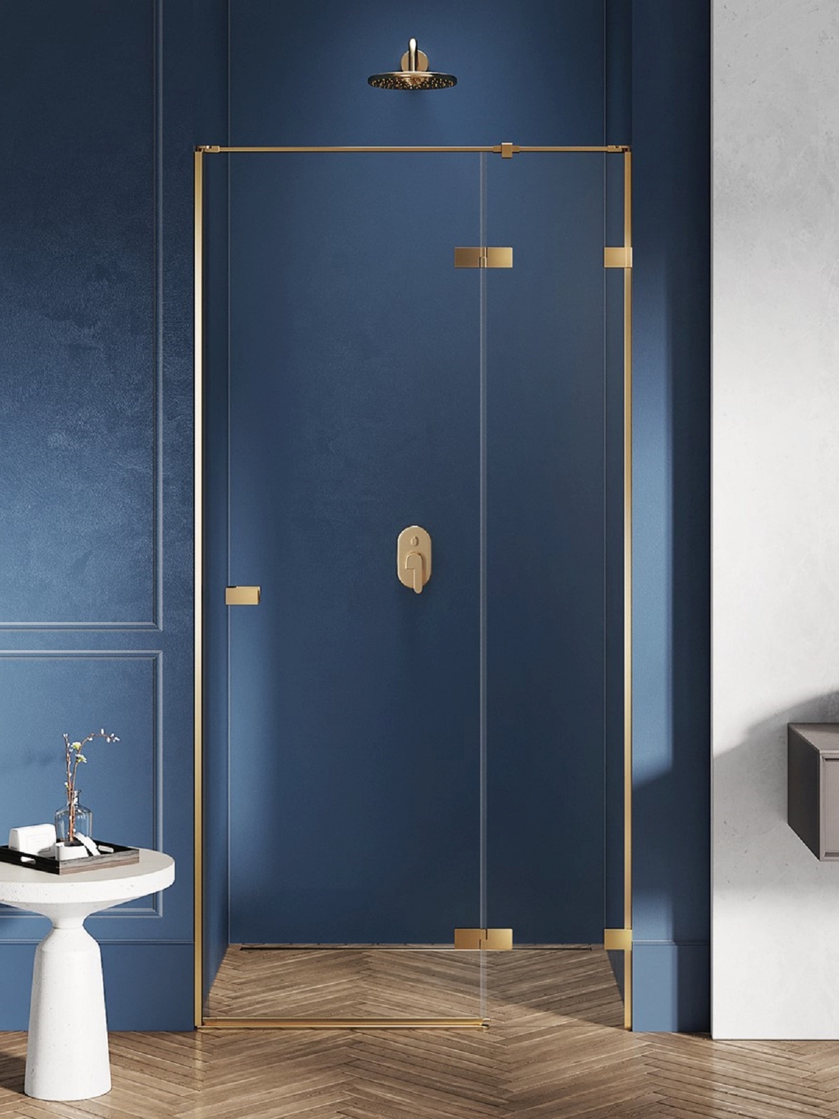 New Trendy Avexa Gold Brushed drzwi prysznicowe 140 cm uchylne prawe złoty szczotkowany/szkło przezroczyste EXK-1727