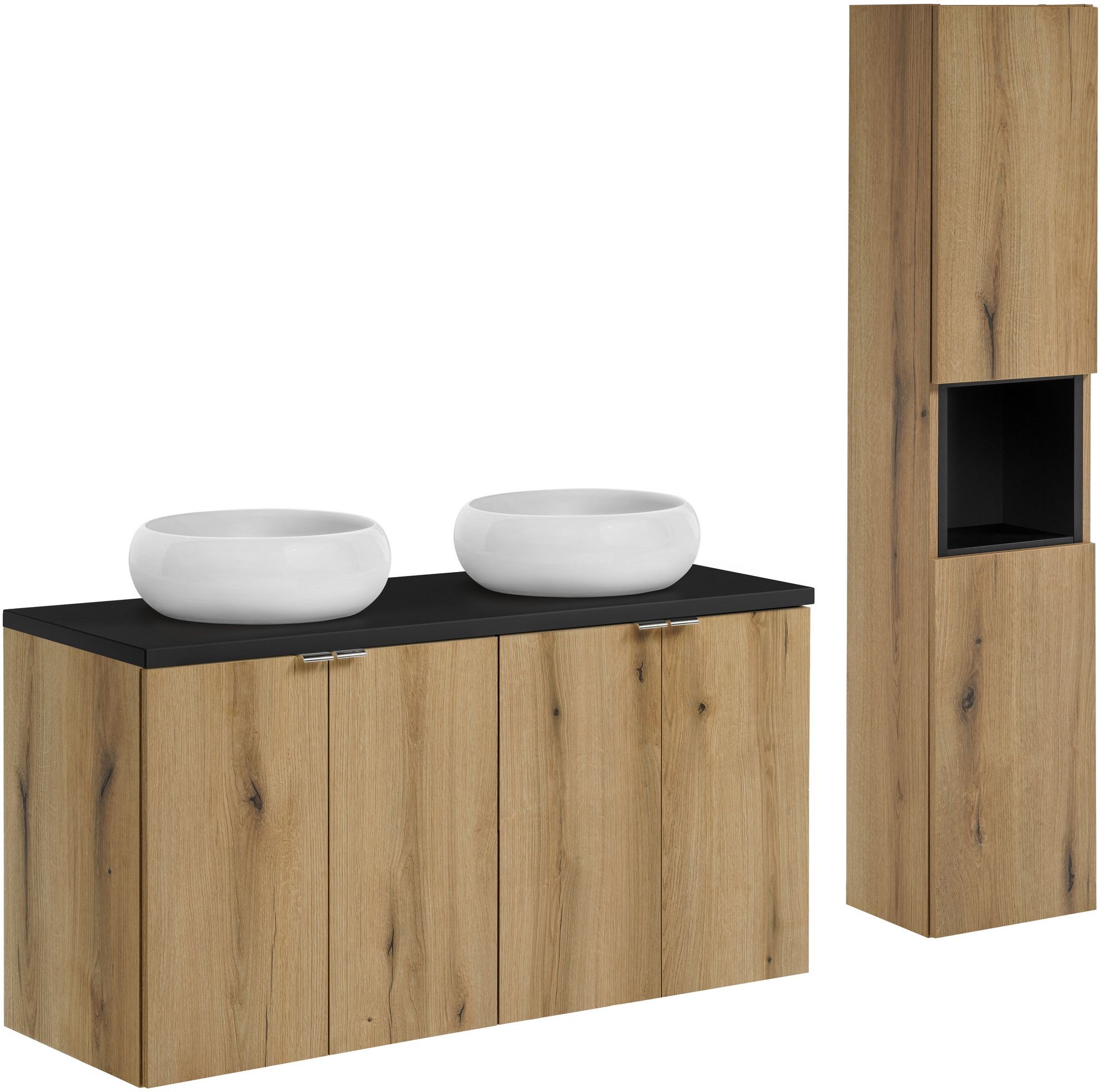Zestaw Comad Nova Oak/Black szafki 60 cm i 60 cm z blatem meblowym 120 cm dąb/czarny, dwie umywalki Wiki 36x36 cm białe i szafka boczna ...