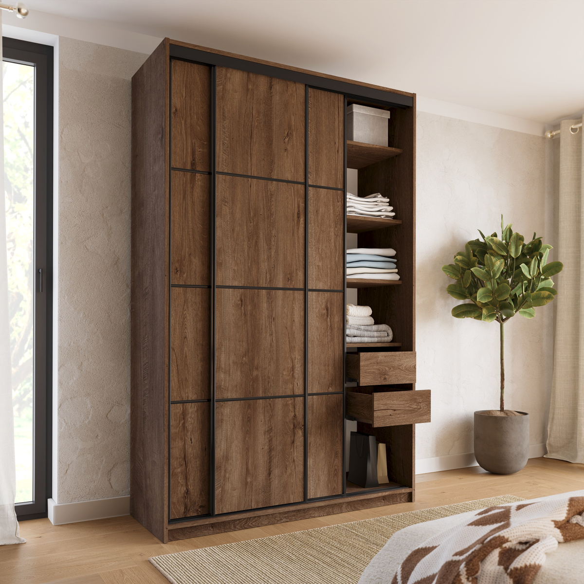 Trzydrzwiowa szafa przesuwna z półkami 150 cm LOFT MAX dąb lefkas
