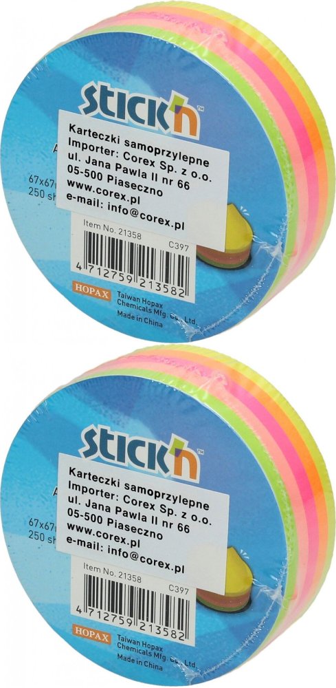 2x Karteczki samoprzylepne Stick'n koło, 67x67mm, 250 karteczek, mix kolorów neonowych