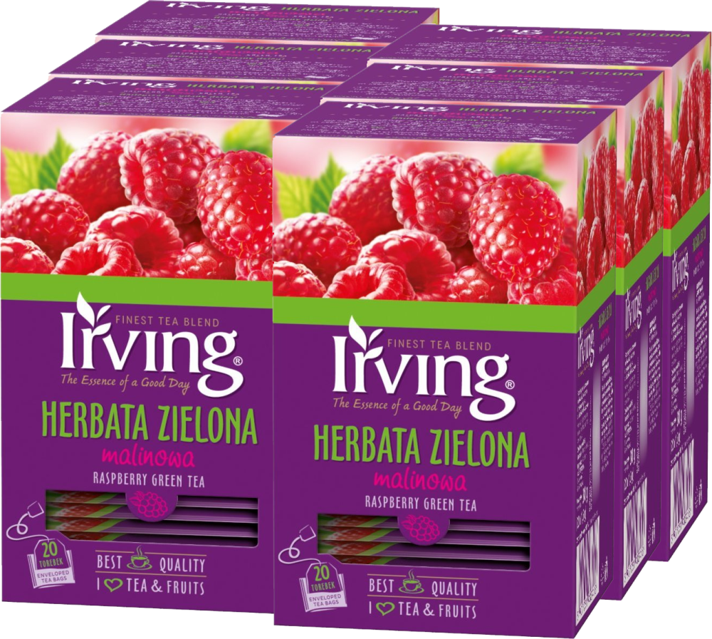 6x Herbata zielona smakowa w kopertach Irving, malinowa, 20 sztuk x 1.5g