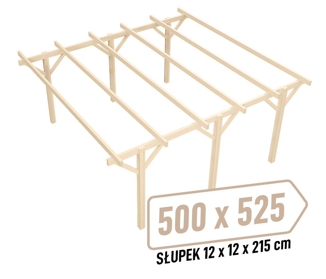 Wiata KVH Sucha Premium - 500 x 525 cm - słupki 12x12x215 cm garażowa wolnostojąca - zastrzał prosty