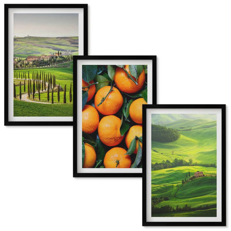 Obrazy Do Sypialni Wallfluent Krajobraz wsi Włochy pomarańcze Czarna rama 40x60 cm 3 szt.