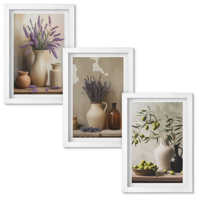 Zestaw Obrazów w Ramie Wallfluent Kwiaty w wazonach oliwki dekoracje Biała rama 20x30cm 3 szt.