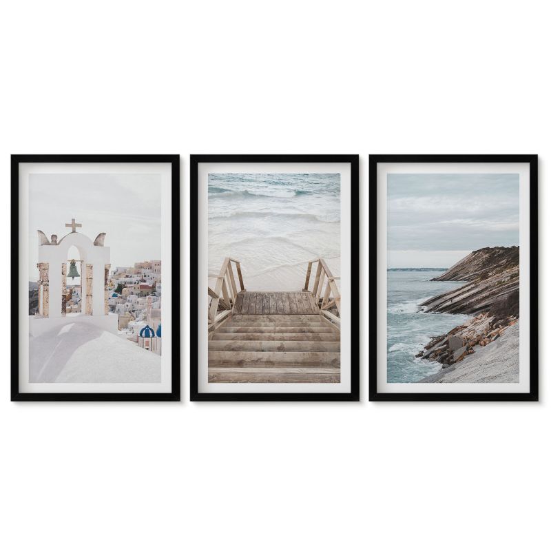 Zestaw 3 obrazów w czarnych ramach Tulup 40x60 cm Morze architektura Santorini Obrazy do kuchni w ramie 1 kpl