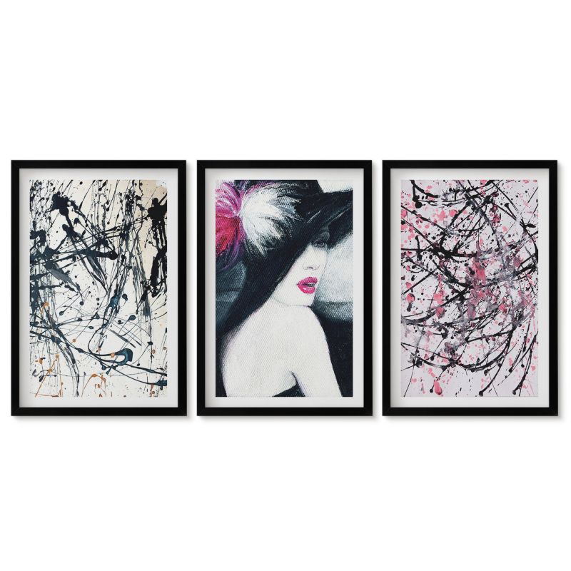 Trzy obrazy w czarnej ramie zestaw Tulup 40x60 cm Abstrakcyjne wzory farb kapelusz Tryptyk 1 kpl