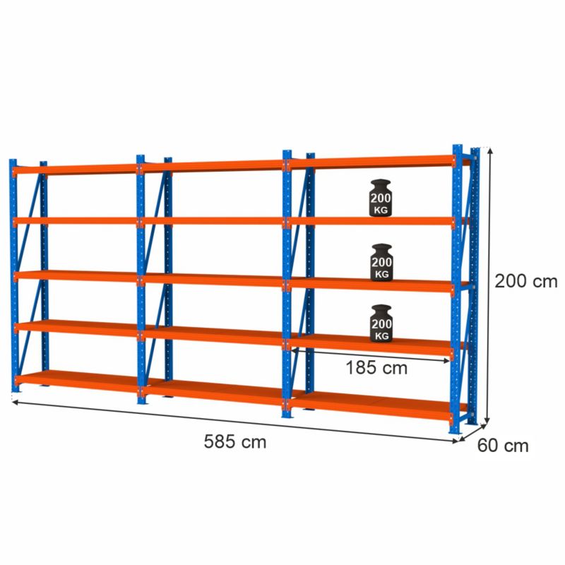 Regał Mega-M Fortis Light magazynowy metalowy 5-półkowy zestaw 3 moduły 200x585x60 cm 3szt.