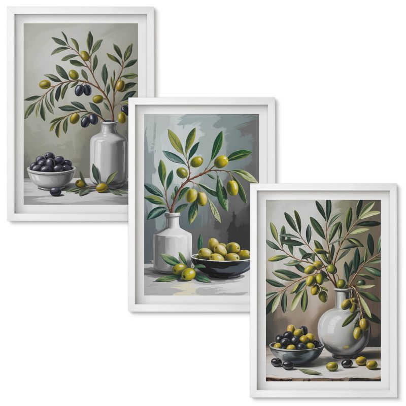 Tryptyk Obrazów w Ramie Wallfluent Oliwki ceramiczne szarość Biała rama 40x60 cm 3 szt.