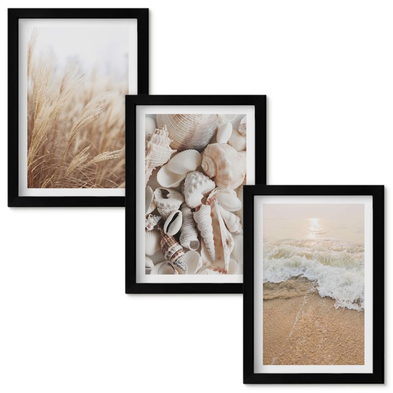 Zestaw obrazów Wallfluent Plażowe motywy muszle fale Czarna rama 20x30cm 3 szt.