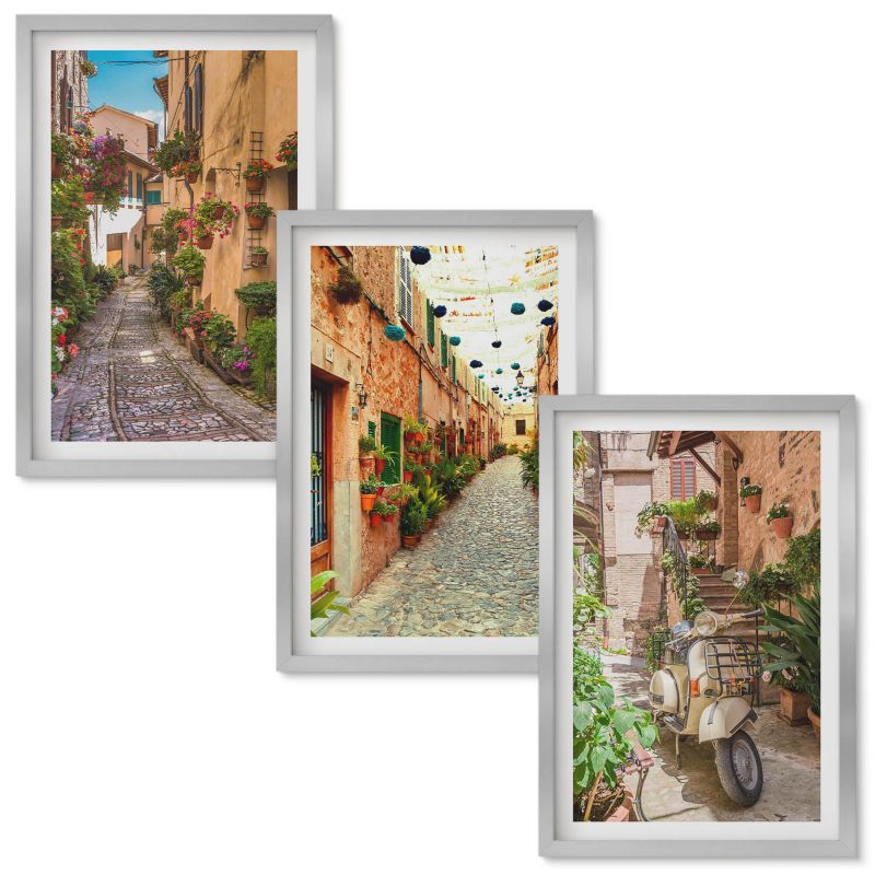Zestaw obrazów Wallfluent Uliczki kwiaty włoski klimat Srebrna rama 40x60 cm 3 szt.