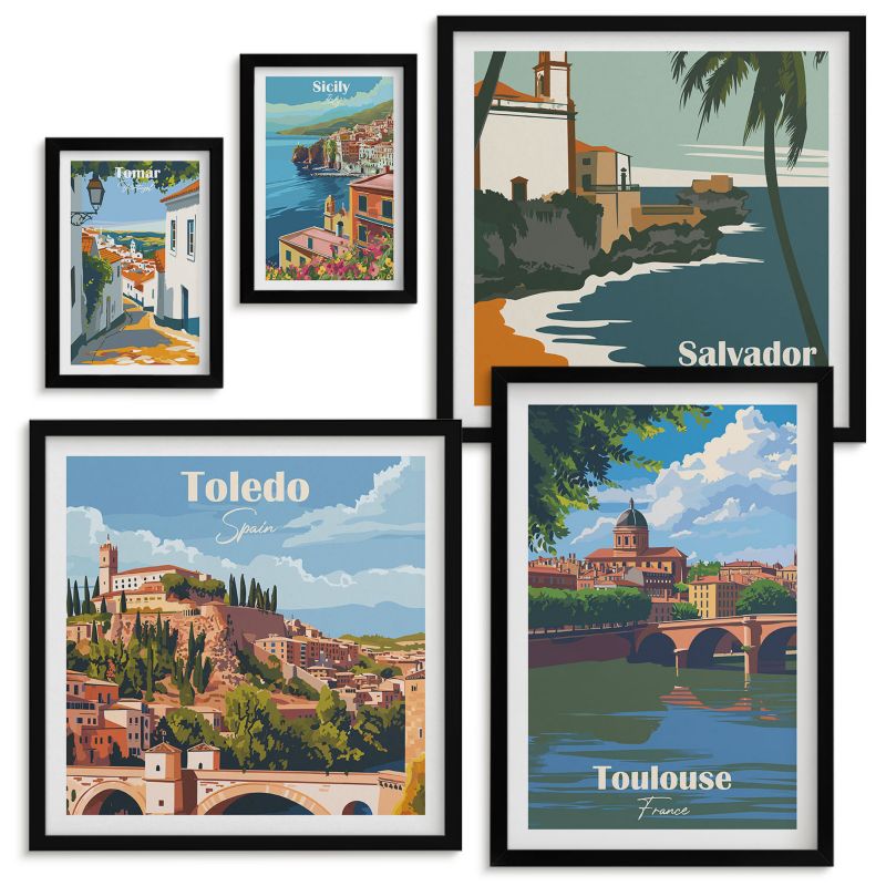 Zestaw Obrazów w Ramie Wallfluent Góry retro architektura ilustracje Czarna rama 5 szt.