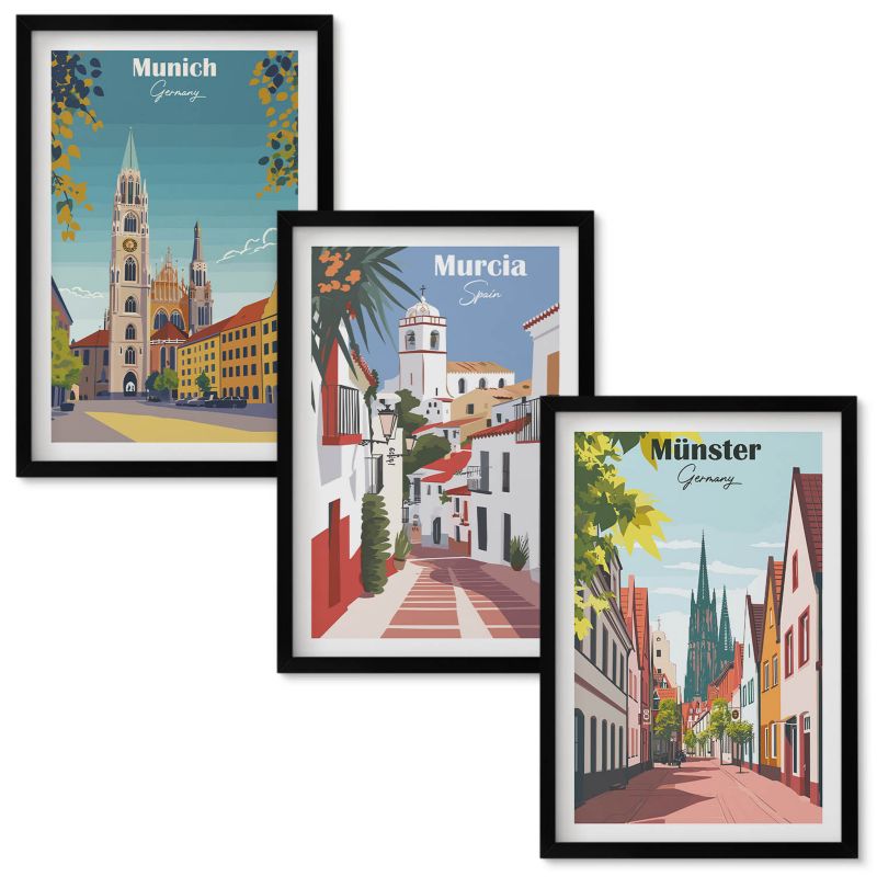 Zestaw Obrazów w Ramie Wallfluent Miasta Europy kolorowe rysunki Czarna rama 40x60 cm 3 szt.
