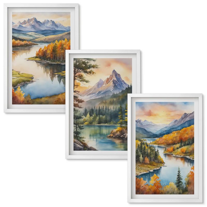 Obraz Ścienny Zestaw Wallfluent Górskie pejzaże z rzeką Biała rama 40x60 cm 3 szt.
