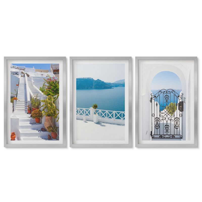 Tryptyk w srebrnej ramie Tulup 40x60 cm Białe schody rośliny morze brama Galeria ścienna 1 kpl