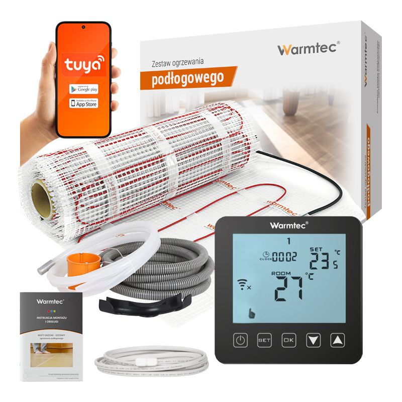 Mata grzewcza grzejna pod płytki Warmtec 10m² 170W/m² WiFi zestaw czarny regulator DS2-100/PRT-01 1 szt.