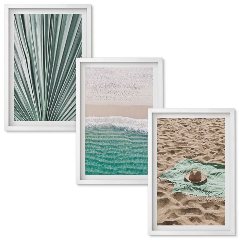 Zestaw Obrazów w Ramie Wallfluent Wakacyjne widoki plaża morze Biała rama 40x60 cm 3 szt.