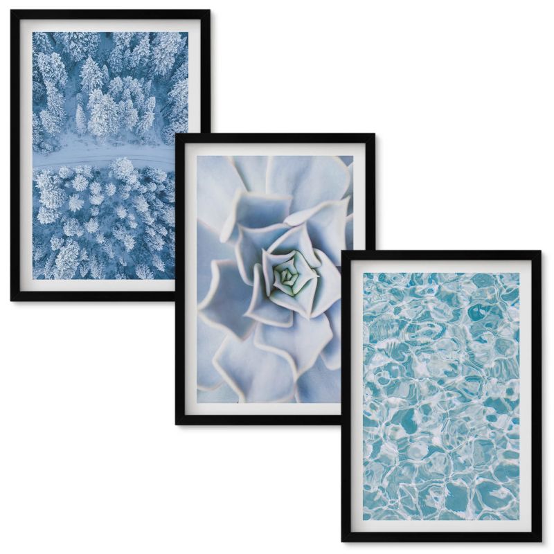 Tryptyk w Ramie Wallfluent Zimowy las niebieski kwiat woda Czarna rama 40x60 cm 3 szt.