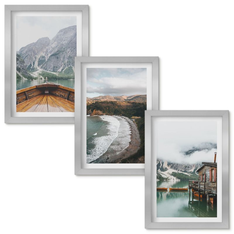 Set Obrazów w Ramie Wallfluent Góry jezioro łódź plaża pejzaż Srebrna rama 20x30cm 3 szt.