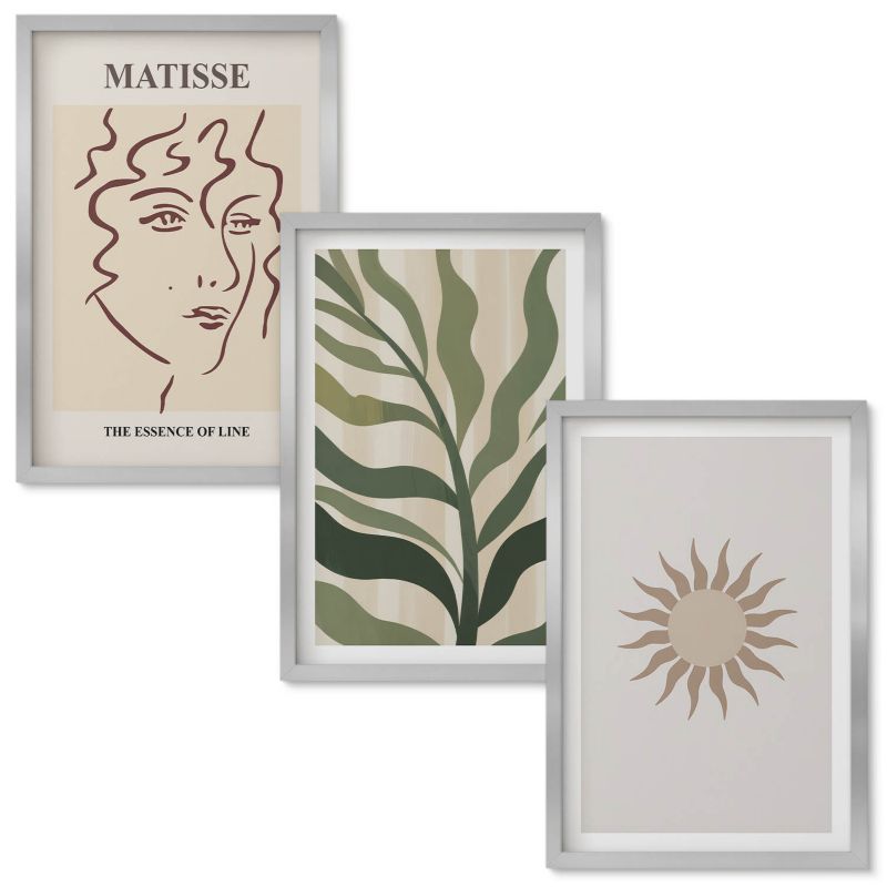 Set Obrazów w Ramie Wallfluent Abstrakcyjne roślinne wzory Srebrna rama 40x60 cm 3 szt.